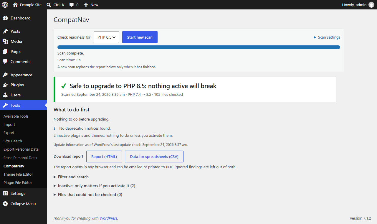 The report’s verdict: “Safe to upgrade to PHP 8.5: nothing active will break”.
