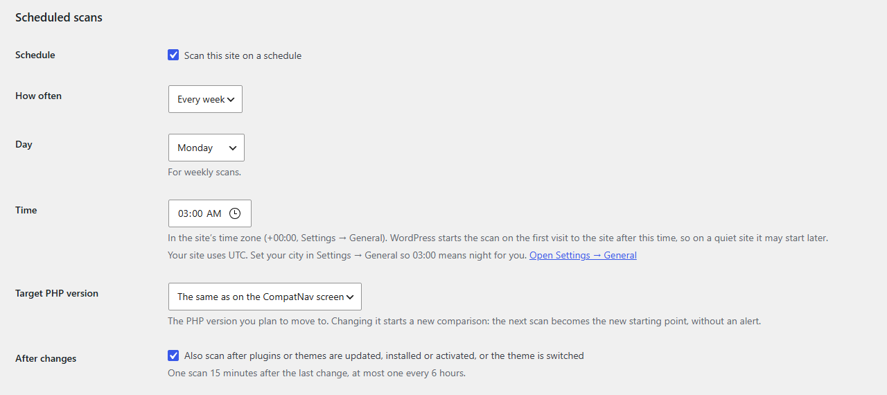 The Scheduled scans settings of CompatNav Pro: scan every week on Monday at 03:00, target PHP version, and also scan after plugins or themes are updated, installed or activated.