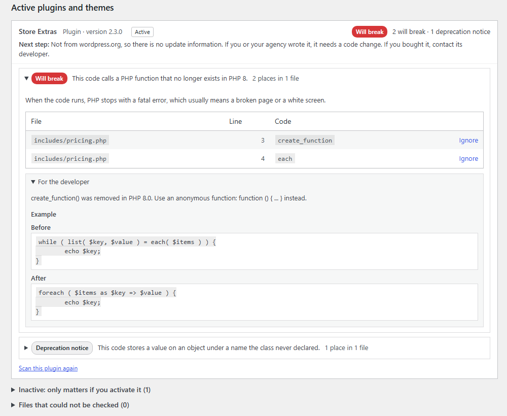 One plugin opened in the report, with its next step, its issues and the details for developers.