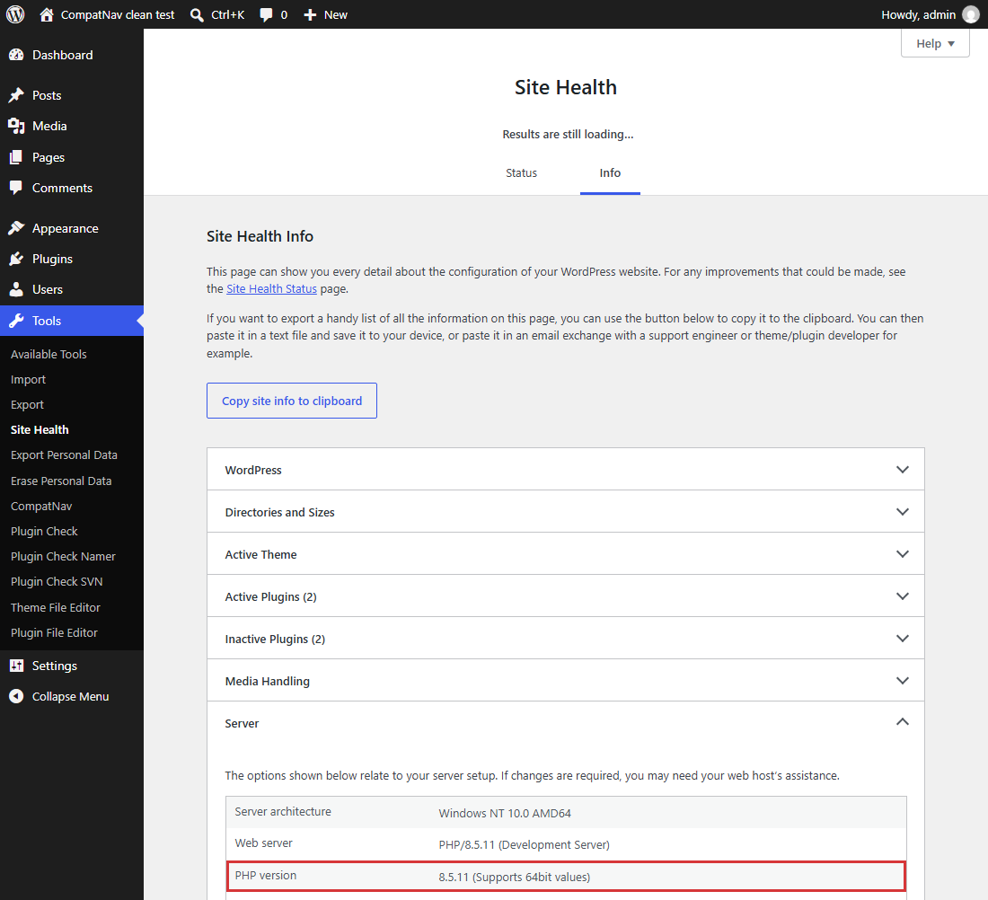 WordPress admin, Tools → Site Health, Info tab, Server section open: the row “PHP version” reads 8.5.11.